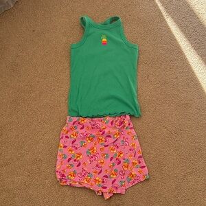 Disney Pink Stitch Shorts with Floral Accents and Green Top, Size 10/12
